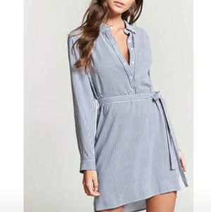 Striped Popover Shirt Dress with Waist Tie